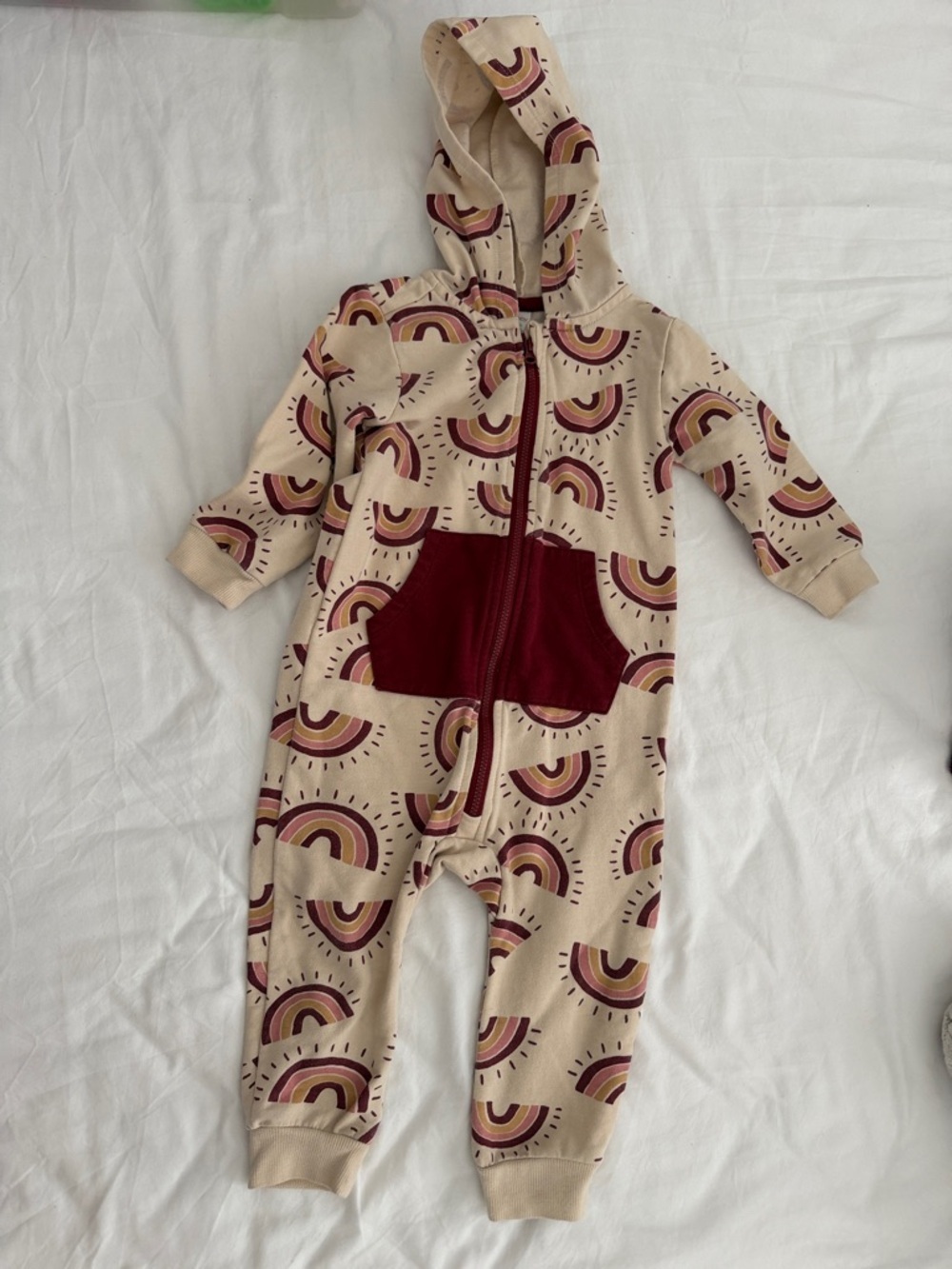 Kids Hooded One-Piece with Burgundy Rainbow Print baby 12-18months